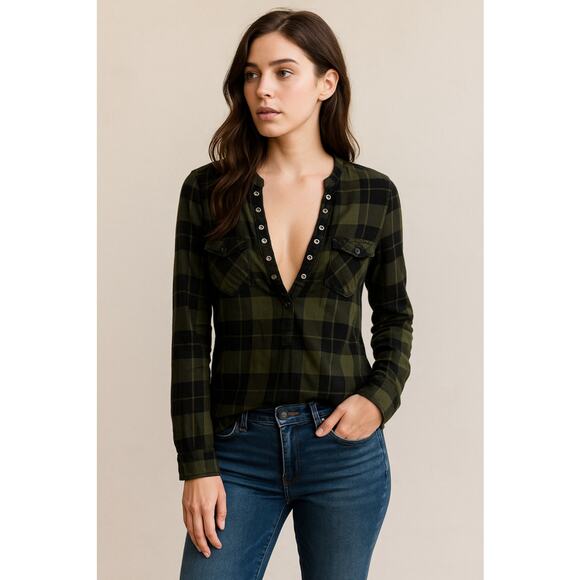Grunge Deep V Plaid Long Sleeve Top Express XS - Picture 1 of 7